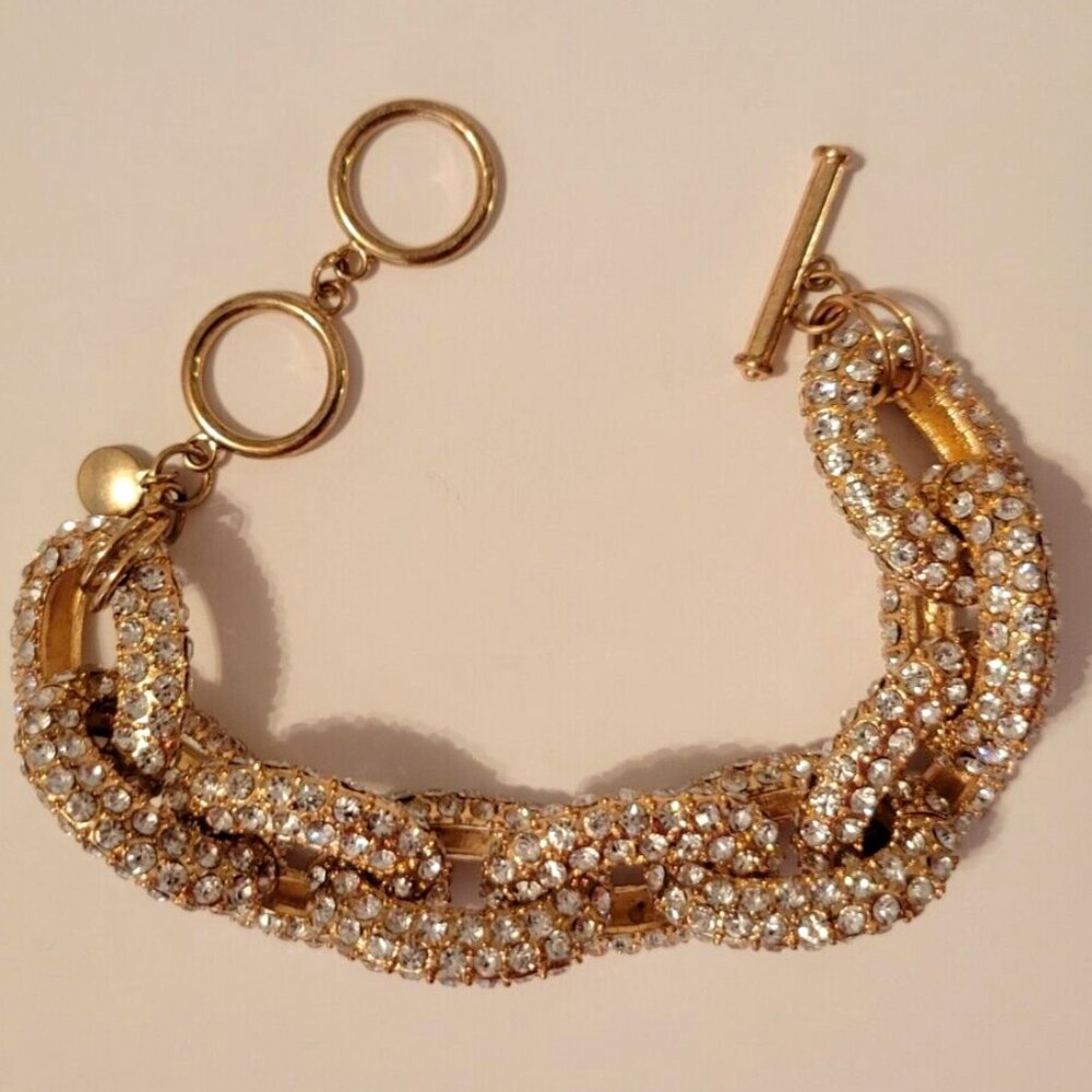 Pave Rhinestone Chunky Bracelet Oval Chain Links Gold Tone 6.5”-8.5”